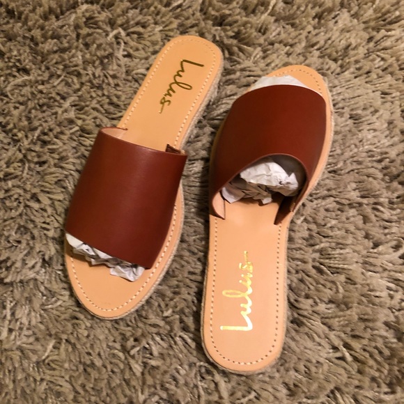 LuLus Marnie Chestnut Brown Vegan Leather Peep-toe Espadrille Slide Sandals SZ 8 - Picture 5 of 8